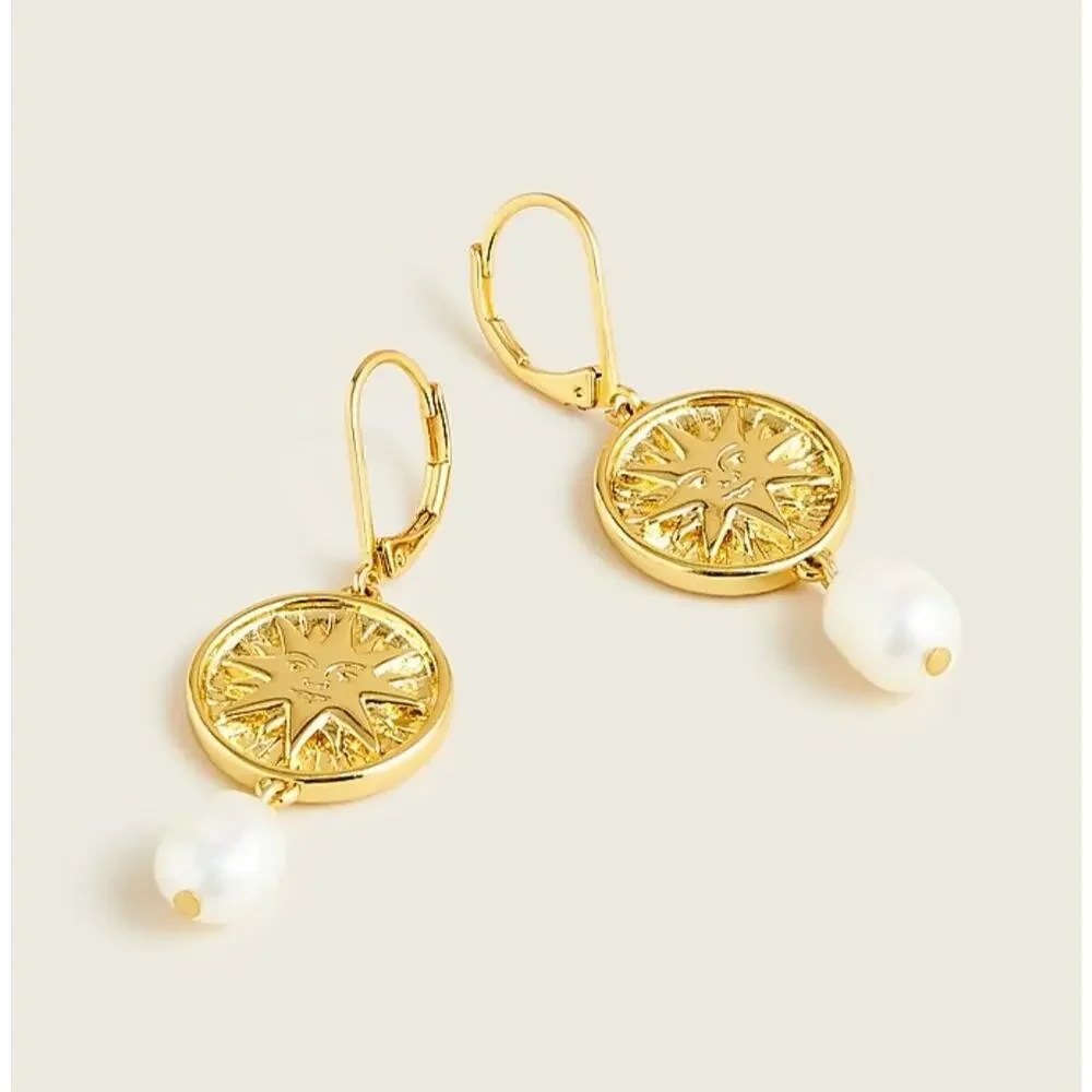 J. Crew Soleil Gold Sun Coin Pearl Drop Earrings Celestial Crystal Dangle NEW